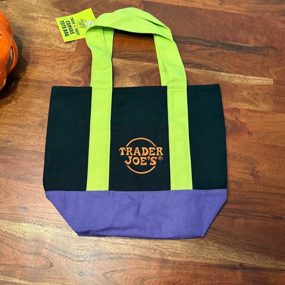Trader Joe's Trick or Treat Canvas Tote Bag Black Green Purple Halloween NWT